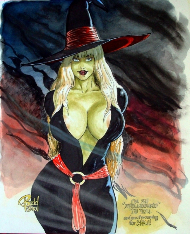 areolae breasts budd_root green_hair green_skin hat large_breasts long_hair smile solo witch witch_hat