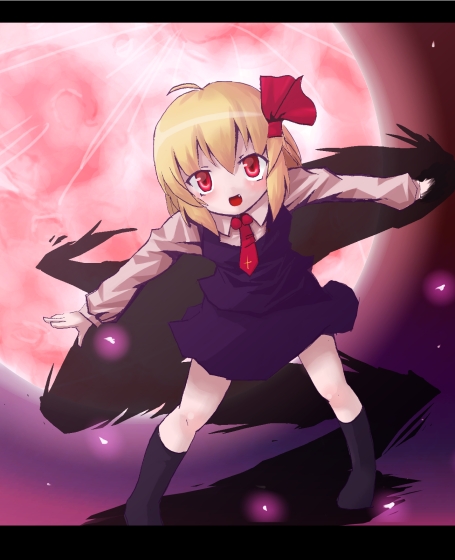 ayagi_daifuku blonde_hair blouse full_moon hair_ribbon letterboxed moon night outstretched_arms red_eyes red_moon ribbon rumia short_hair smile socks solo spread_arms touhou vest