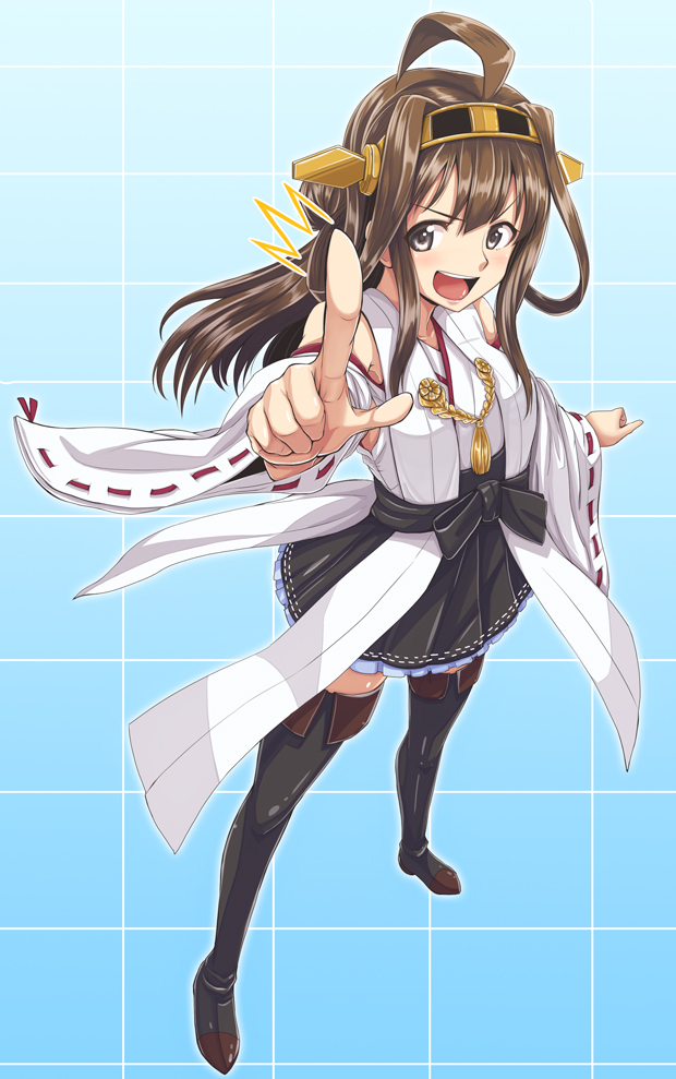 1girl ahoge bare_shoulders black_legwear blush boots breasts brown_hair dan_(orange_train) detached_sleeves double_bun hair_ornament hairband headgear index_finger_raised japanese_clothes kantai_collection kongou_(kantai_collection) long_hair looking_at_viewer medium_breasts nontraditional_miko open_mouth pointing pointing_at_viewer ribbon-trimmed_sleeves ribbon_trim skirt smile solo thigh_boots thighhighs zettai_ryouiki