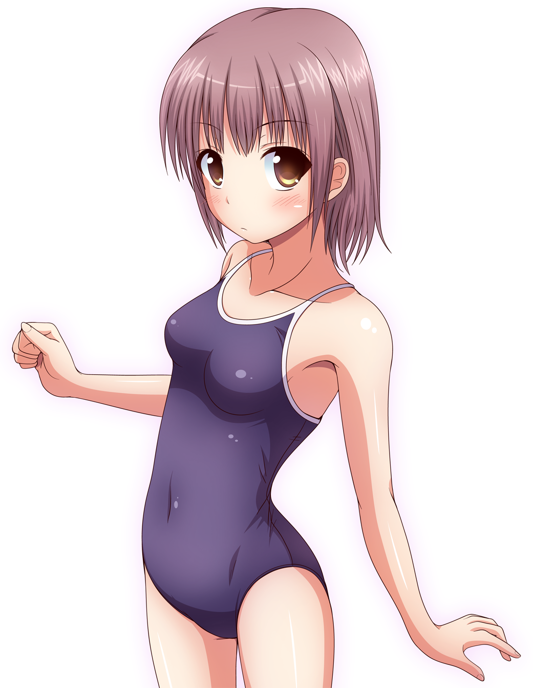blush breasts competition_school_swimsuit covered_navel eyebrows_visible_through_hair highres ki_(kk-sk-ray) looking_at_viewer medium_breasts one-piece_swimsuit original school_swimsuit short_hair simple_background solo swimsuit white_background