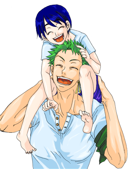 blue_hair child green_hair happy kuina one_piece piggyback roronoa_zoro time_paradox