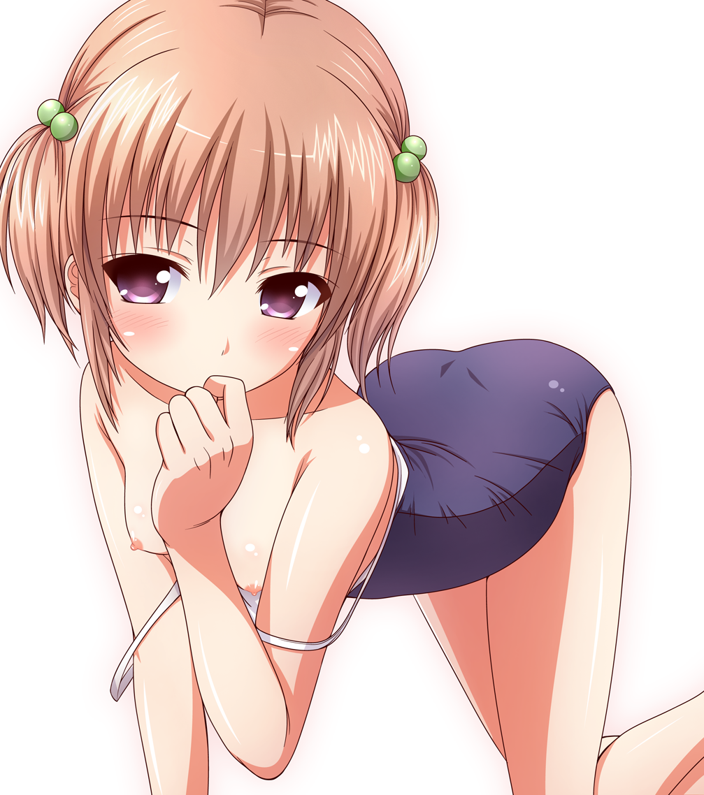 all_fours bangs bare_arms bare_shoulders blush breasts brown_hair competition_school_swimsuit eyebrows_visible_through_hair hair_between_eyes hair_bobbles hair_ornament ki_(kk-sk-ray) looking_away nipples one-piece_swimsuit original purple_eyes school_swimsuit short_hair short_twintails simple_background small_breasts solo swimsuit twintails white_background