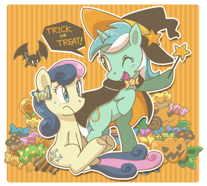 bat blue_eyes bonbon_(mlp) candy cape cutie_mark english_text equine female feral friendship_is_magic frown fur green_fur hair hat horn horse jack_o'_lantern jack_o'_lantern lollipop long_hair lyra_(mlp) lyra_heartstrings_(mlp) mammal my_little_pony one_eye_closed open_mouth pony pumpkin sitting smile text tongue two_tone_hair unicorn unknown_artist wand wings wink yellow_eyes