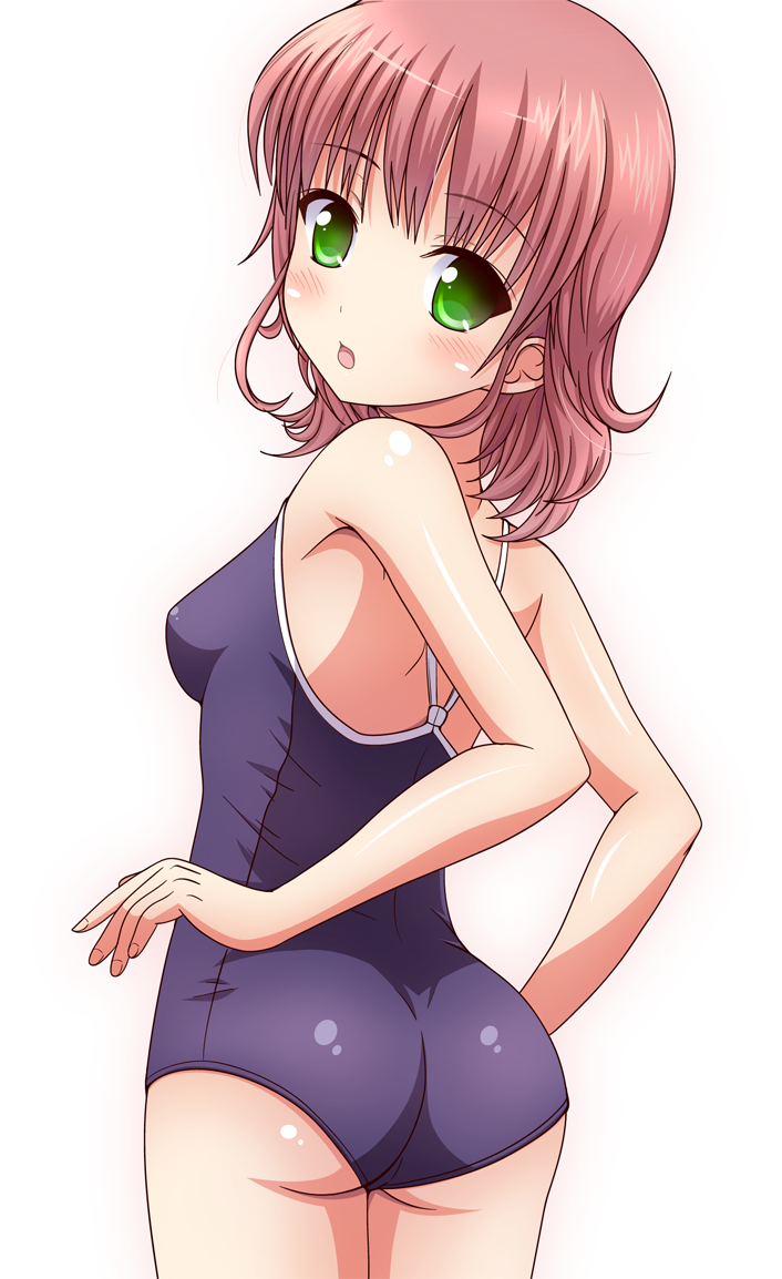 ass blush breasts competition_school_swimsuit eyebrows_visible_through_hair from_behind green_eyes ki_(kk-sk-ray) looking_at_viewer looking_back medium_breasts one-piece_swimsuit original short_hair simple_background solo swimsuit white_background