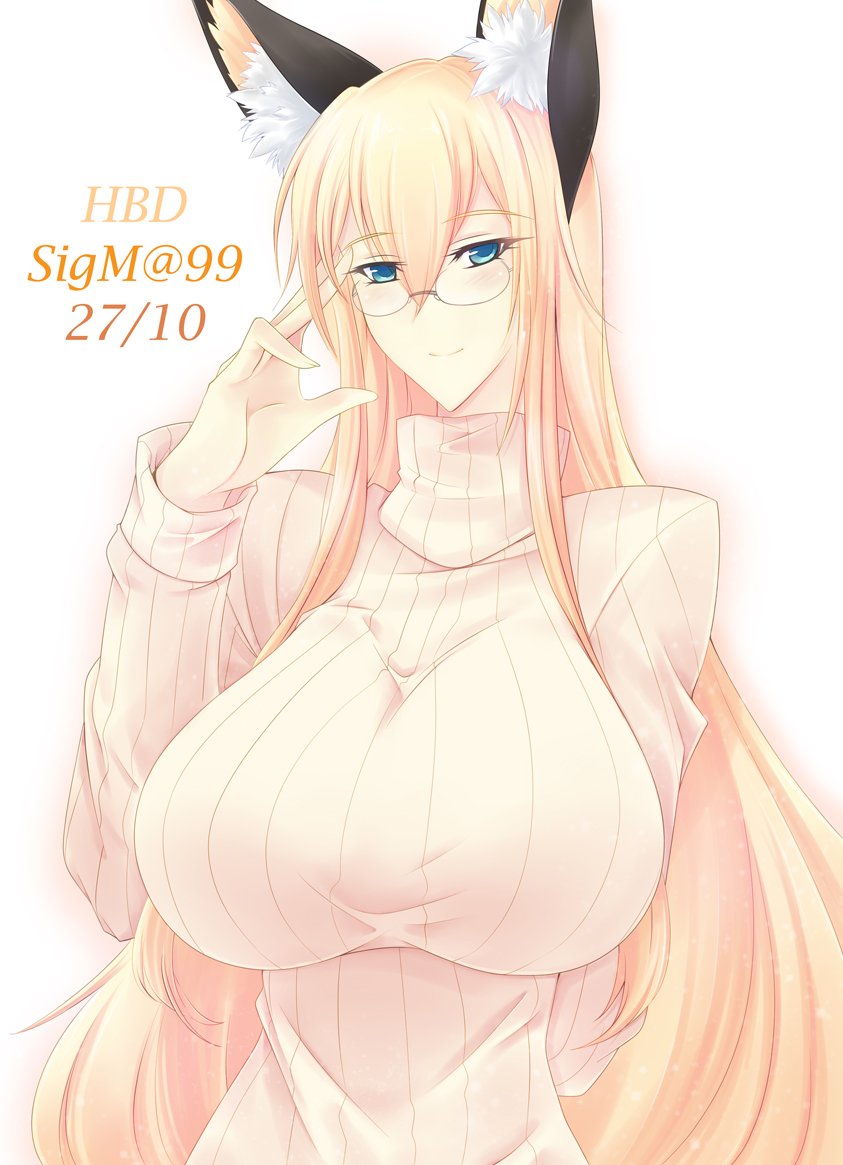 adjusting_eyewear animal_ears arm_behind_back blonde_hair blue_eyes breasts dated fox_ears glasses haganef huge_breasts light_smile long_hair looking_at_viewer original ribbed_sweater simple_background solo sweater turtleneck very_long_hair white_background