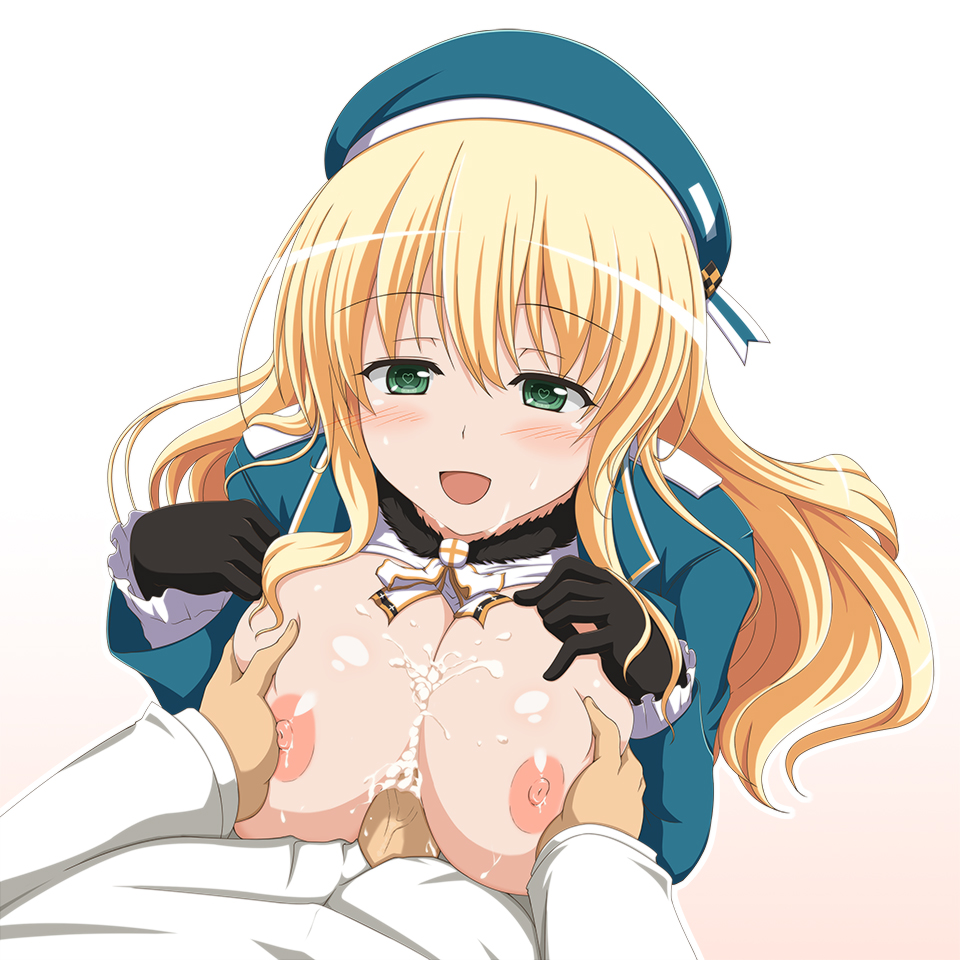 1girl :d atago_(kantai_collection) bad_id bad_pixiv_id beret black_gloves blonde_hair blush breast_grab breasts breasts_outside cum cum_on_body cum_on_breasts cum_on_upper_body gloves grabbing green_eyes hat heart heart-shaped_pupils hetero huge_breasts kantai_collection long_hair nipples open_clothes open_mouth open_shirt paizuri penis shira-nyoro shirt smile solo_focus symbol-shaped_pupils