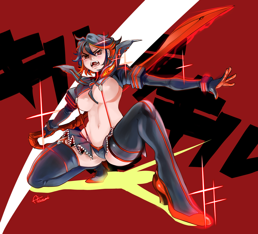 angry bikini black_hair black_legwear boots breasts collar commentary_request copyright_name full_body furrowed_eyebrows glowing glowing_sword glowing_weapon high_heels holding holding_sword holding_weapon kill_la_kill long_sleeves matoi_ryuuko medium_breasts multicolored_hair open_mouth outstretched_arms red_background red_footwear red_hair school_uniform senketsu serafuku short_hair sidelocks signature simple_background spread_legs swimsuit sword tatsumi thigh_boots thighhighs two-tone_hair weapon