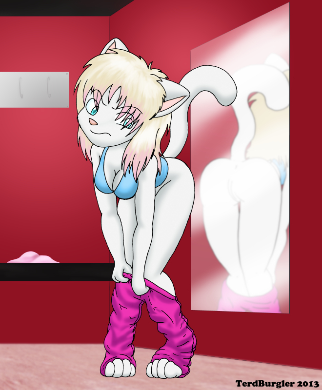 blonde_hair blue_eyes bottomless breasts cat cleavage clothed clothing dressing dressing_room feline female four_toes fur hair mammal mirror pants shirt tank_top terdburgler white_fur