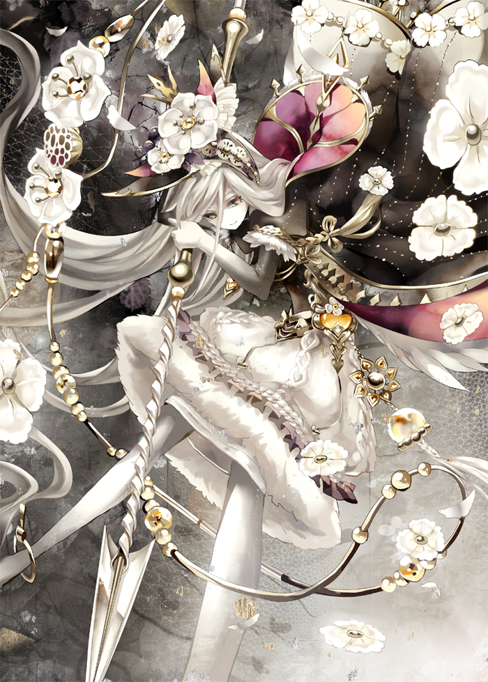 bee_girl cape flower hibiscus holding holding_weapon inpells insect_girl lance looking_at_viewer original pearl polearm spear weapon white_hair white_skin