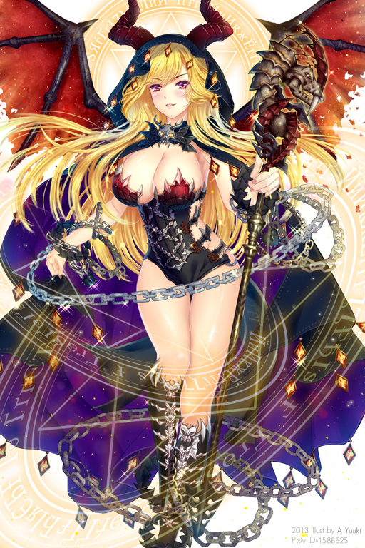 au7 blonde_hair boots breasts cape chain cleavage demon_wings hood horns huge_breasts knee_boots long_hair nail_polish original pink_eyes seiken_orochi_chronicle solo staff wings