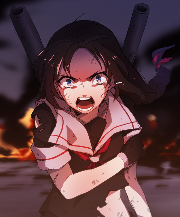 ahoge angry black_gloves black_hair blue_eyes bow braid crying crying_with_eyes_open fire gloves hair_bow kantai_collection long_hair looking_at_viewer school_uniform screaming serafuku shigure_(kantai_collection) single_braid solo tears torn_clothes tukno wide-eyed