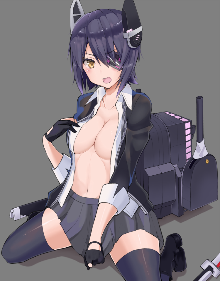 breasts cleavage eyepatch fingerless_gloves gloves gomashi_(goma) headgear kantai_collection large_breasts looking_at_viewer machinery no_bra open_clothes open_mouth open_shirt purple_hair scabbard sheath shirt short_hair sitting skirt skirt_pull solo sword tenryuu_(kantai_collection) thighhighs turret wariza weapon yellow_eyes