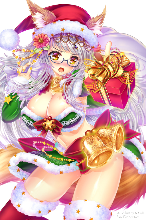 animal_ears areola_slip areolae au7 bangs bell blunt_bangs blush bow breasts christmas cleavage fang flower foreshortening gift glasses hair_flower hair_ornament large_breasts nail_polish open_mouth original reaching_out sack santa_costume seiken_orochi_chronicle solo tail thighhighs white_hair yellow_eyes