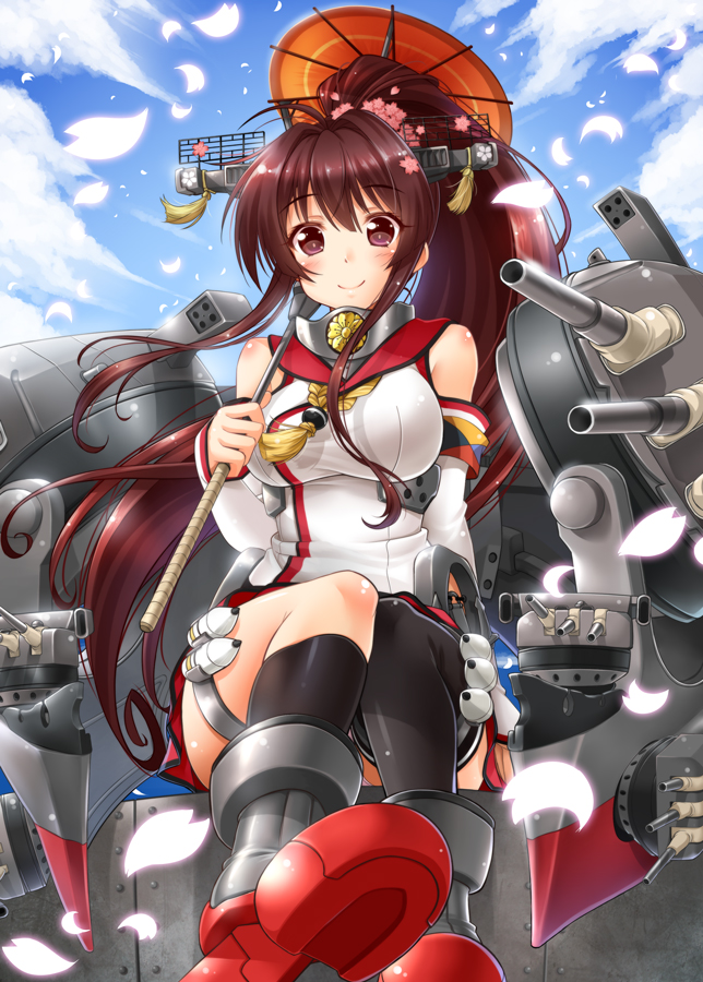 bare_shoulders black_legwear blush breasts brown_eyes brown_hair cherry_blossoms detached_sleeves flower hair_flower hair_ornament japanese_clothes kantai_collection large_breasts long_hair looking_at_viewer miniskirt okitakung oriental_umbrella petals ponytail single_thighhigh sitting skirt smile solo thighhighs umbrella very_long_hair yamato_(kantai_collection)