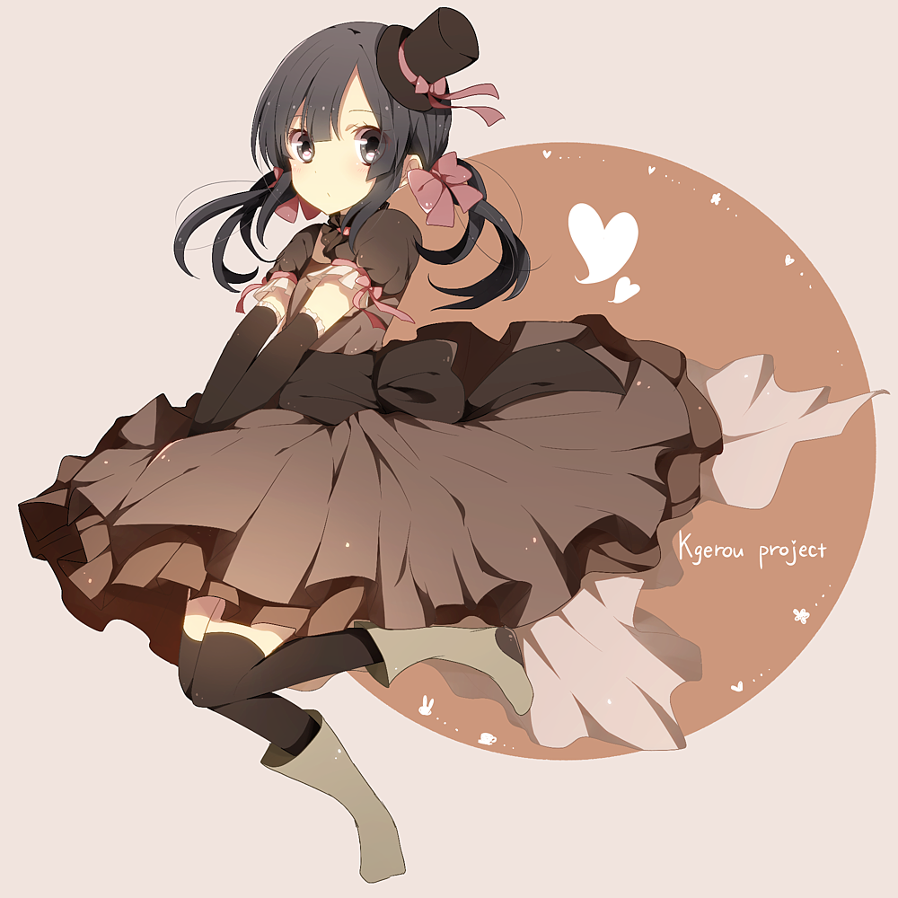 asahina_hiyori black_hair boots bow dress elbow_gloves gloves harusawa hat kagerou_project long_hair mini_hat mini_top_hat ribbon solo thighhighs top_hat twintails