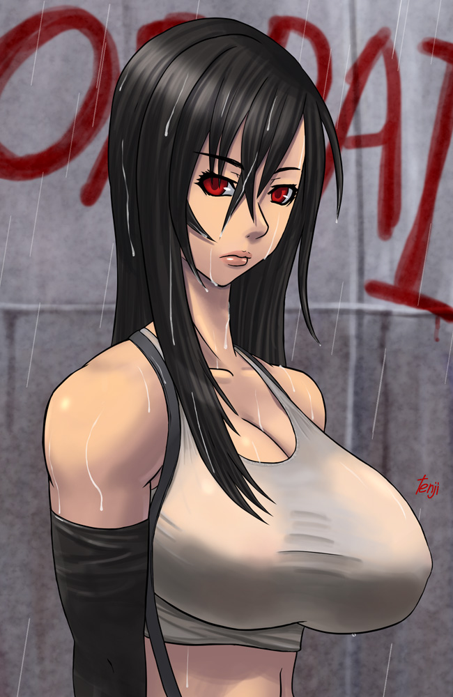 black_hair breasts cleavage final_fantasy final_fantasy_vii graffiti large_breasts rain serious tenji tifa_lockhart wet