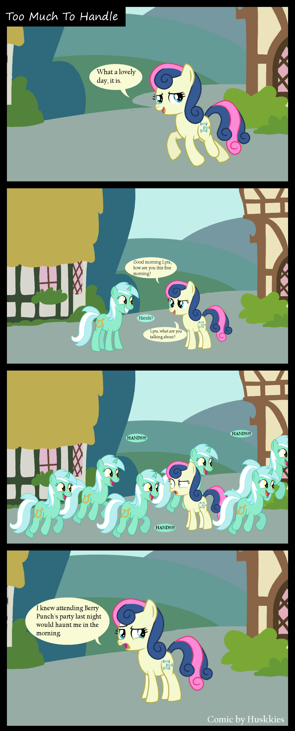bonbon_(mlp) building bushes comic cutie_mark dialog english_text equine female feral friendship_is_magic frown fur green_fur group hair horn horse huskkies long_hair looking_back lyra_(mlp) lyra_heartstrings_(mlp) mammal my_little_pony open_mouth outside pony smile teeth text tongue two_tone_hair unicorn window yellow_eyes