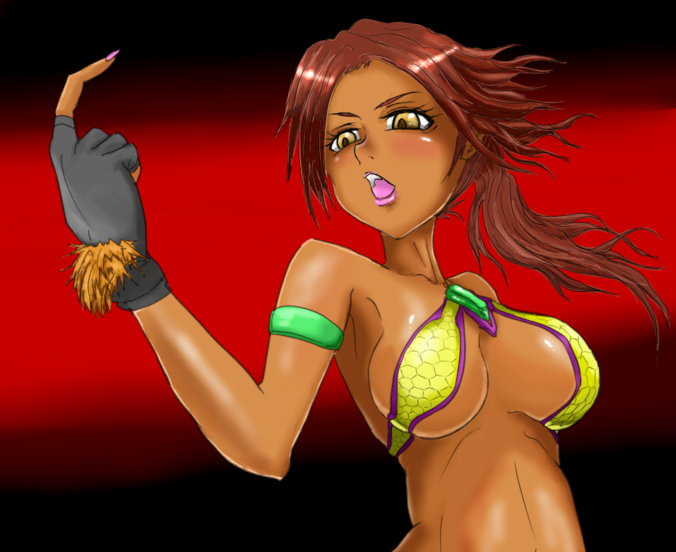 bare_shoulders blush brazilian breasts brown_hair christie_monteiro dark_skin fingerless_gloves gloves large_breasts lips lipstick makeup midriff namco open_mouth ponytail revealing_clothes sideboob simple_background solo solo_focus tekken tongue underboob yellow_eyes