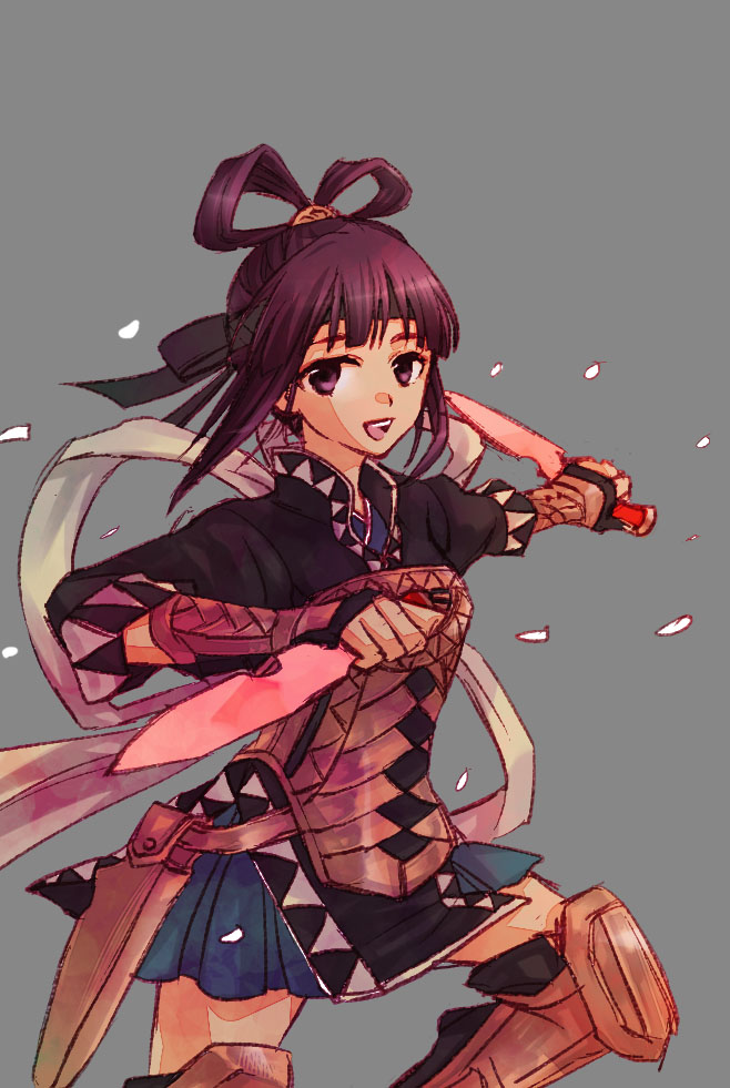 :d armor bow brown_eyes brown_hair dagger dual_wielding fingerless_gloves gensou_suikoden gensou_suikoden_v gloves grey_background hair_bow hair_ornament holding knee_pads large_bow looking_at_viewer miakis open_mouth reverse_grip sheath simple_background skirt smile solo thighhighs weapon yotsuhara_furiko zettai_ryouiki