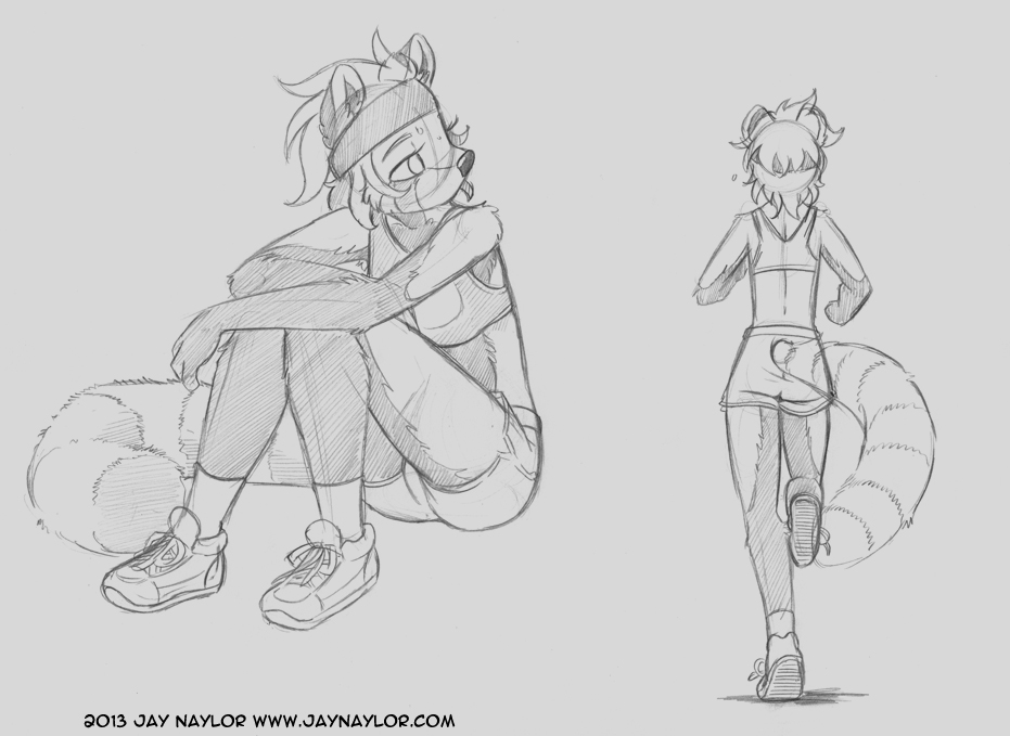 clothing female headband jay_naylor jogging lynne mammal red_panda ringed_tail shirt shoes shorts sitting sketch sneakers socks solo striped_tail