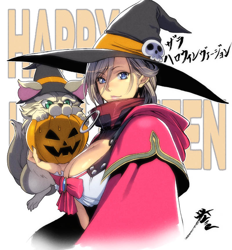 breasts brown_hair cape cat cleavage halloween happy_halloween hat homare_(fool's_art) large_breasts light_smile looking_at_viewer queen's_blade simple_background solo translation_request white_background witch_hat zara_(queen's_blade)