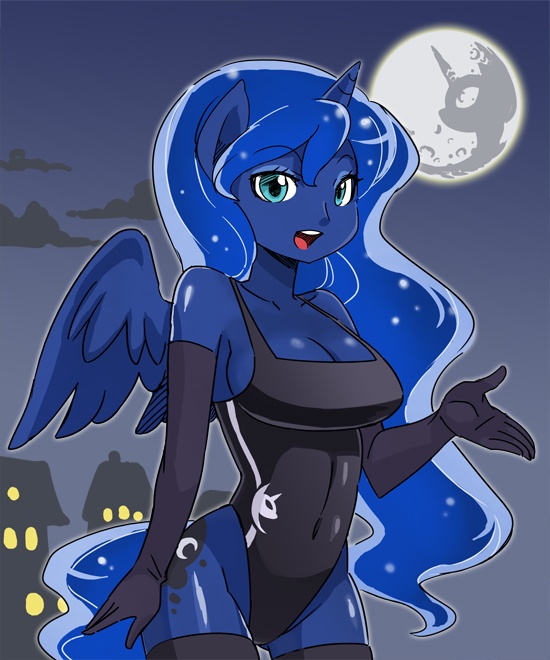 anthrofied blue_eyes blue_hair blush breasts city cutie_mark elbow_gloves equine female friendship_is_magic gloves hair horn horse human humanized legwear mammal moon my_little_pony one-piece_swimsuit pony princess_luna_(mlp) shepherd0821 solo stockings swimsuit text winged_unicorn wings