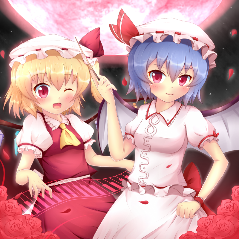 album_cover ascot bat_wings blonde_hair blue_hair blush cover dress dress_tug fang flandre_scarlet flower hat hat_ribbon holographic_interface holographic_keyboard instrument kane-neko keyboard_(instrument) looking_at_viewer mob_cap moon multiple_girls music night one_eye_closed open_mouth petals pink_dress pink_eyes playing_instrument puffy_sleeves red_flower red_moon red_rose remilia_scarlet ribbon rose sash shirt short_sleeves siblings sisters skirt skirt_set sky smile stick touhou vest wings wrist_cuffs