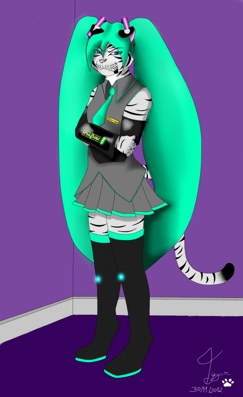 blue_eyes blue_hair cosplay crossdressing feline girly hair hatsune_miku long_hair male mammal skirt solo tiger tygar_tiger vocaloid white_tiger