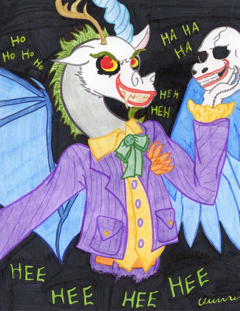 batman_(series) cardstock clothing discord_(mlp) draconequus english_text facial_hair friendship_is_magic hair horn joker looking_at_viewer male my_little_pony skull smile solo text the1king wings