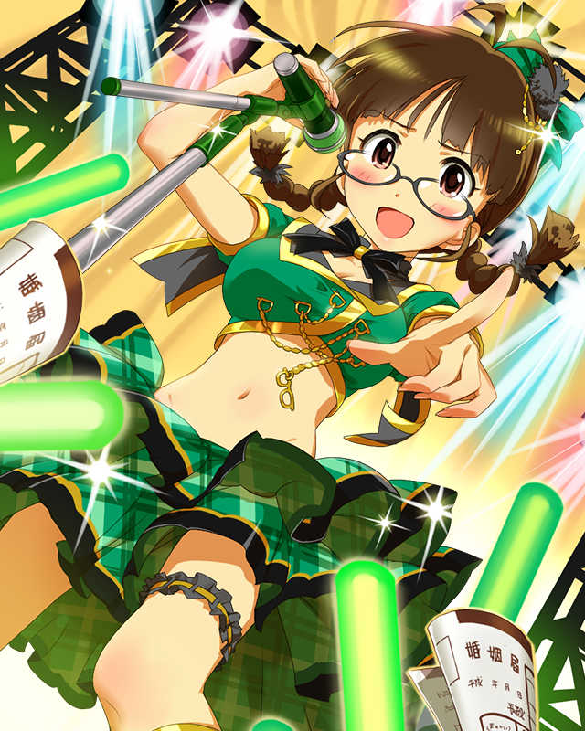 :d akizuki_ritsuko artist_request blush bow braid breasts brown_hair cleavage crop_top glasses idolmaster idolmaster_(classic) idolmaster_cinderella_girls medium_breasts microphone midriff navel official_art open_mouth pointing skirt smile solo twin_braids