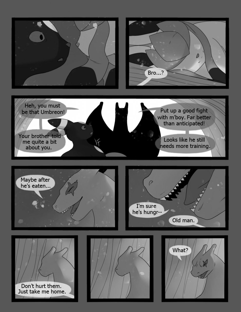 black_and_white cave charizard comic dialog eeveelution eevelution english_text female feral glaceon greyscale male monochrome nintendo pok&#233;mon pok&eacute;mon scar tderek99 text umbreon video_games wings