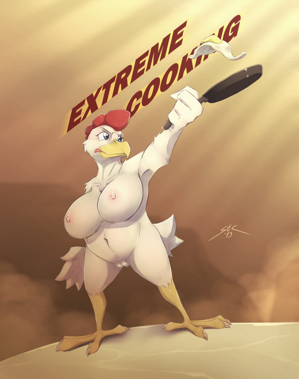 avian beak big_breasts bird blue_eyes breasts cannibalism chicken egg english_text female frying_pan huge_breasts nipples non-mammal_breasts nude pussy solo spotty_the_cheetah standing talons text