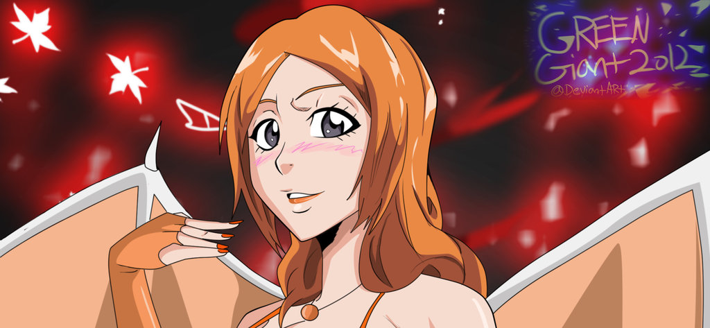 1girl bat_wings bleach blush bra demon_girl female inoue_orihime jewelry lipstick looking_at_viewer makeup nail_polish naughty_face necklace orange_hair solo succubus underwear wings