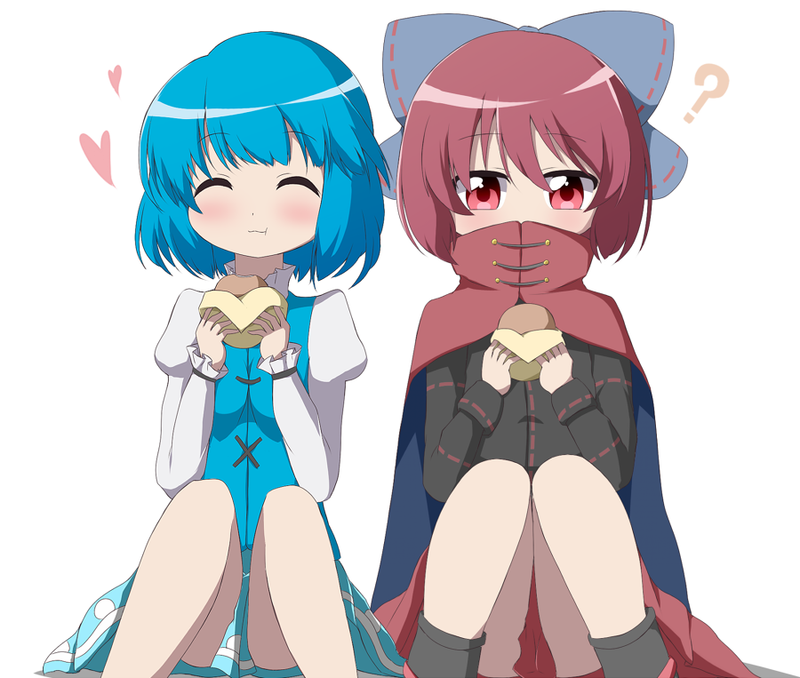 ? blue_hair bow bwell cape closed_eyes covered_mouth eating hair_bow heart long_sleeves multiple_girls red_eyes red_hair sekibanki short_hair simple_background sitting skirt tatara_kogasa touhou white_background