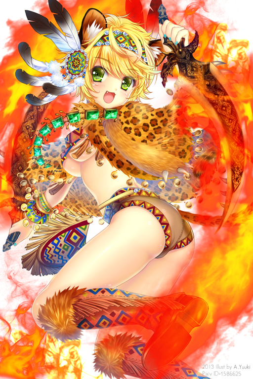 :3 animal_ears ass au7 blonde_hair boots bracelet breasts dual_wielding fang feathers green_eyes hair_feathers hair_ornament hairband holding jewelry knee_boots medium_breasts nail_polish original seiken_orochi_chronicle short_hair solo sword tail underboob weapon