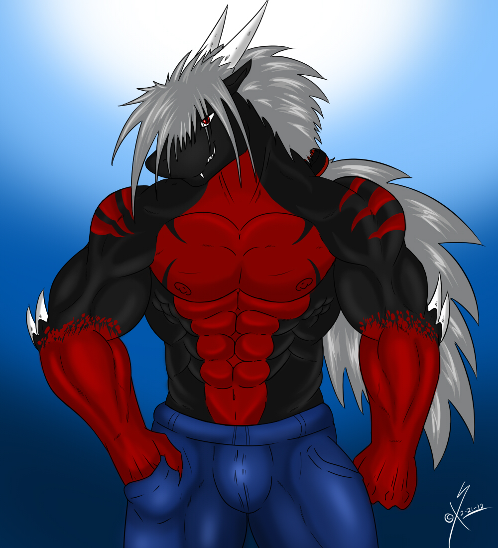 abs anthro biceps big_muscles black_dragon black_skin body_markings bulge claws clothing dragon fangs grey_hair grin hair hair_over_eyes handsome horn jeans long_hair looking_at_viewer male markings muscles nipples pants pecs pose red_eyes red_nipples red_skin reptile saixyuniz-xynz scales scalie smile solo standing teeth toned topless zill zilla_rapha