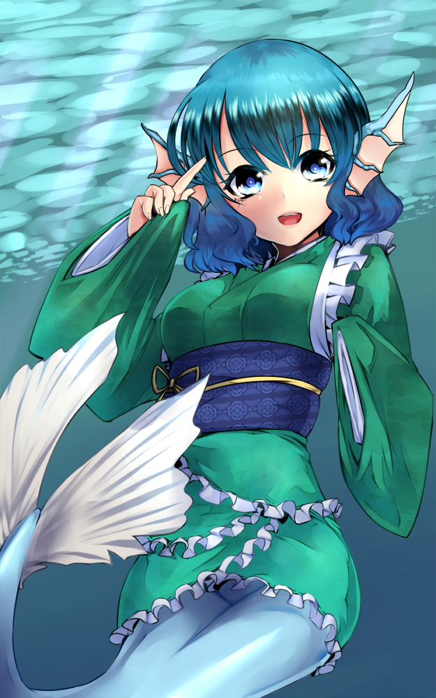blue_eyes blue_hair breasts doyouwantto head_fins japanese_clothes kimono long_sleeves looking_at_viewer medium_breasts mermaid monster_girl obi open_mouth sash smile solo touhou wakasagihime wide_sleeves