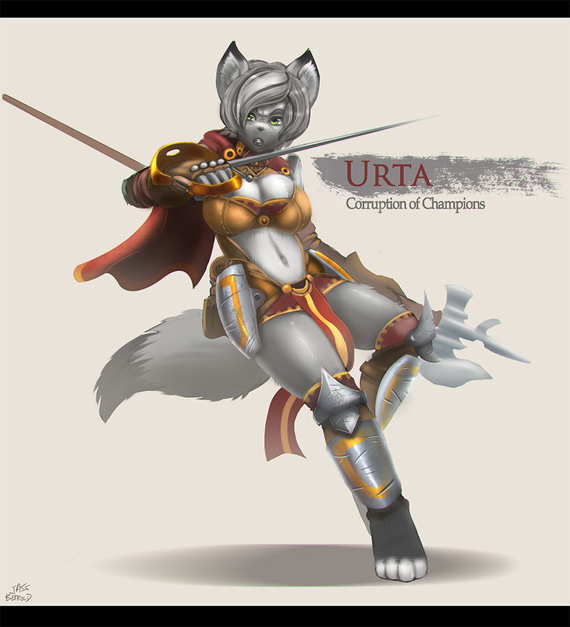 angry anthro armor black_lips breasts canine clothing corruption_of_champions female fingerless_gloves fox front fur gloves green_eyes grey_fur grey_hair hair holding jassbefrold mammal metal navel on_one_leg plain_background polearm pose seductive short_hair solo spear standing sword urta warrior weapon