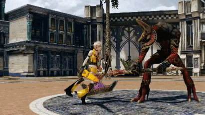 alternate_costume animated animated_gif axe battle final_fantasy final_fantasy_xiii kicking lightning_farron lightning_returns:_final_fantasy_xiii lowres monster sword weapon