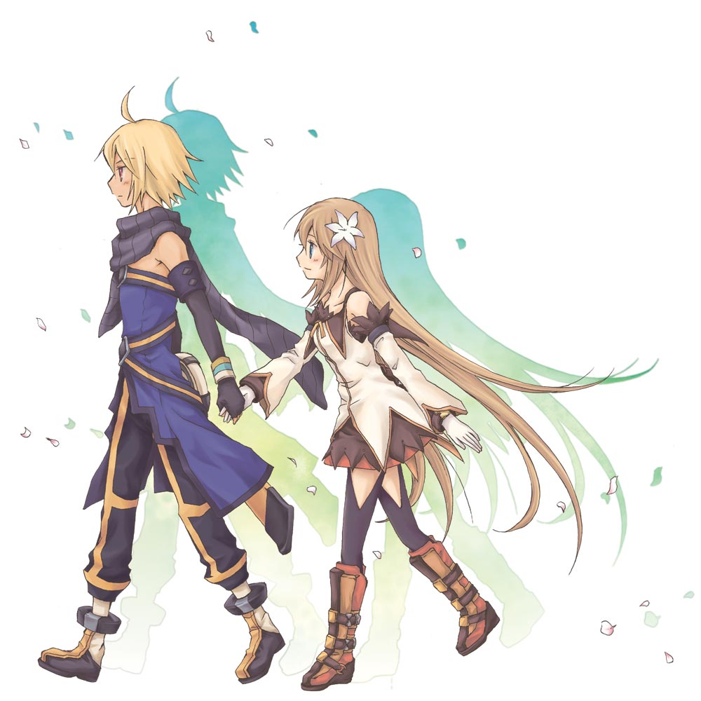 1boy 1girl blonde_hair boots brown_hair couple emil_castagnier flower fujino_mayuki gloves hair_flower hair_ornament long_hair marta_lualdi scarf skirt tales_of_(series) tales_of_symphonia tales_of_symphonia_knight_of_ratatosk thighhighs