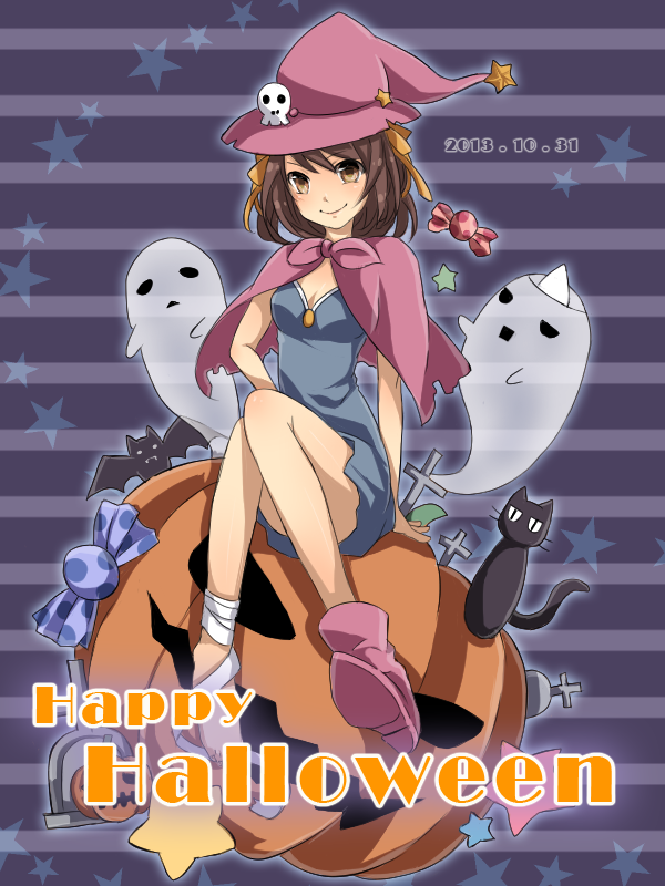2013 alternate_costume bare_legs bat black_cat blue_dress boots brown_eyes brown_hair candy capelet cat dated dress food full_body ghost hair_ribbon halloween hand_on_hip happy_halloween hat hat_ornament horizontal_stripes jack-o'-lantern knees_together_feet_apart looking_at_viewer mao_yuzi no_socks pink_footwear pumpkin ribbon shoes short_dress short_hair single_boot single_shoe sitting skull smile solo star striped striped_background suzumiya_haruhi suzumiya_haruhi_no_yuuutsu text_focus tombstone witch_hat