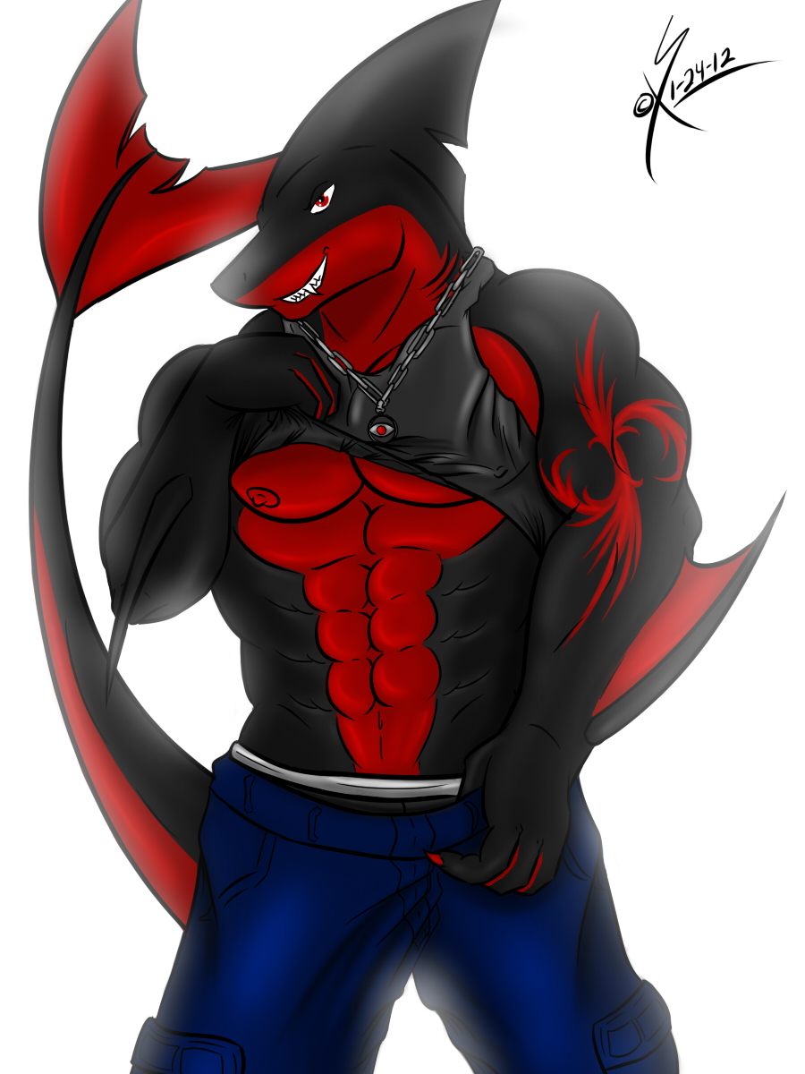 abs anthro biceps big_muscles black_skin boxers clothing fangs fin fish grin handsome looking_at_viewer male manly marine muscles necklace nipples pants pecs plain_background pose red_eyes red_nipples red_skin saixyuniz-xynz scales shark shirt shirt_lift smile solo standing tank_top tattoo teeth toned underwear white_background zilla_rapha