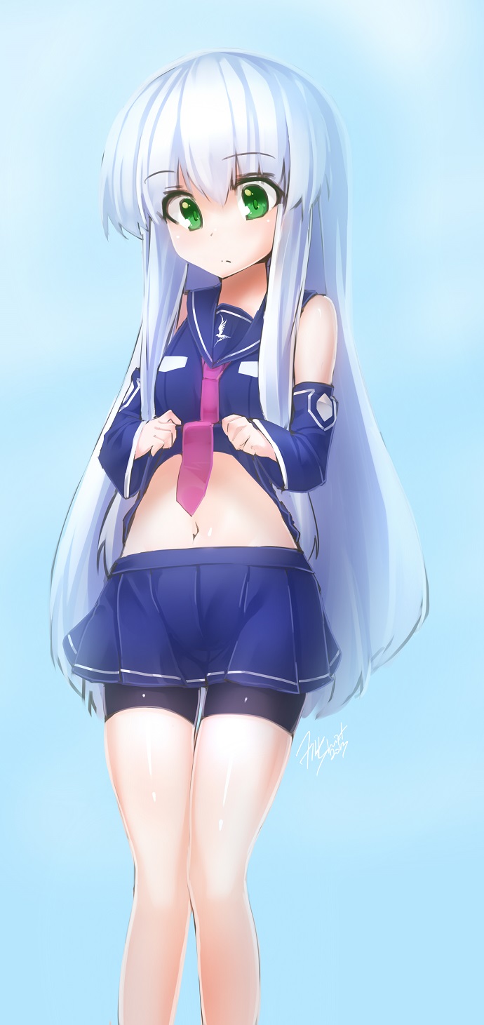 aoki_hagane_no_arpeggio artist_name blue_background blue_hair dated detached_sleeves green_eyes highres holding iona long_hair looking_down midriff miniskirt navel necktie personification sailor shirt_lift signature sketch skirt solo spandex standing tilt-shift very_long_hair