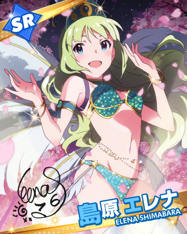 :d aqua_eyes armlet artist_request bikini blush bracelet character_name character_signature cherry_blossoms feathers green_hair idolmaster idolmaster_million_live! jewelry long_hair official_art open_mouth petals samba shimabara_elena smile solo star_(sky) swimsuit