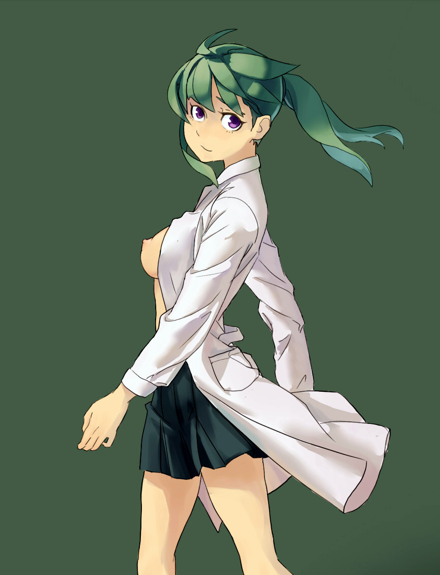 breasts coat green_background green_hair long_hair looking_at_viewer medium_breasts nipples open_clothes original proyumer purple_eyes simple_background skirt solo twintails walking