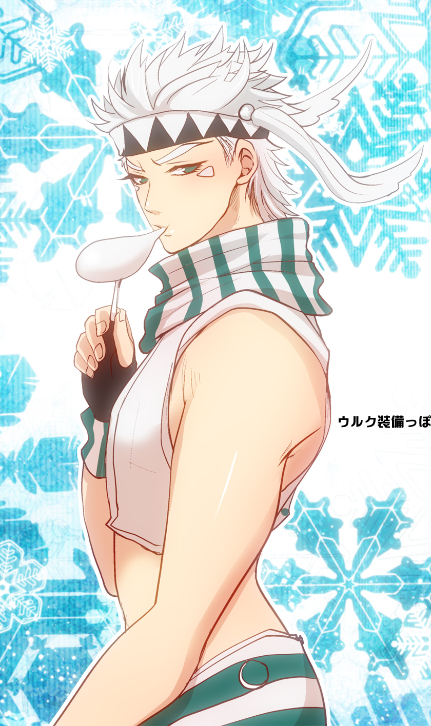 alternate_hair_color bubble_blowing caesar_anthonio_zeppeli facial_mark feathers fingerless_gloves gloves green_eyes hair_feathers headband highres jojo_no_kimyou_na_bouken male_focus scarf solo t7senzo vest white_hair