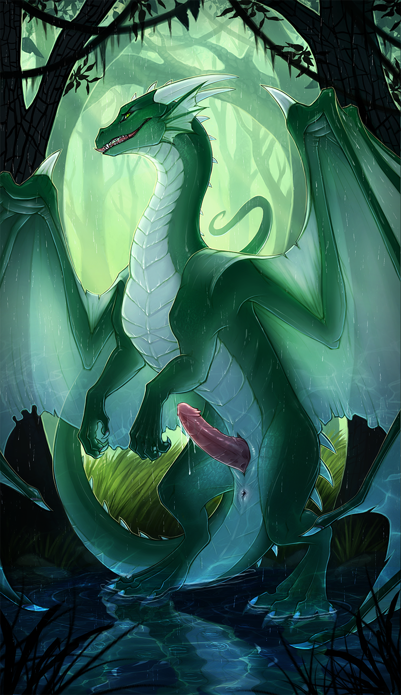 cum cum_on_penis dragon dripping erection feral forest genital_slit green_dragon horn looking_at_viewer male nude on_hind_legs penis pink_penis presenting rain scalie slit solo tree water wings zooks_(character)