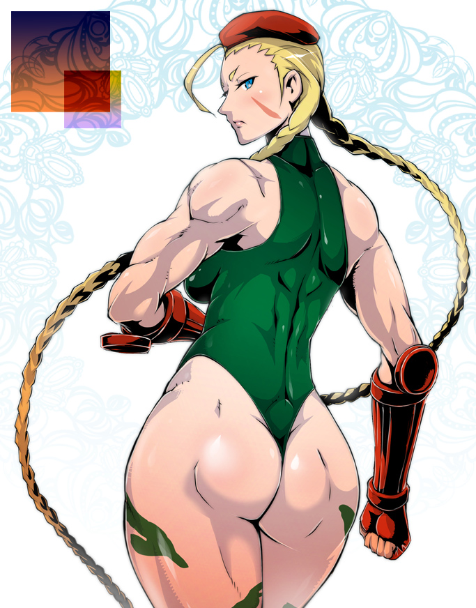 ass back beret blonde_hair blue_eyes braid breasts cammy_white camouflage fingerless_gloves from_behind gloves green_leotard hat leotard long_hair looking_back medium_breasts muscle muscular_female solo street_fighter thong_leotard twin_braids yunioshi