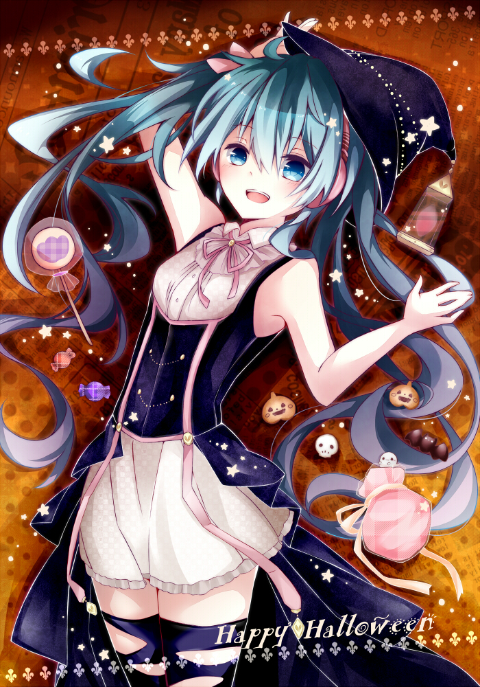 aqua_hair arms_up blue_eyes blue_hair candy food halloween hat hatsune_miku long_hair open_mouth skirt solo tasasan thighhighs twintails very_long_hair vocaloid witch_hat