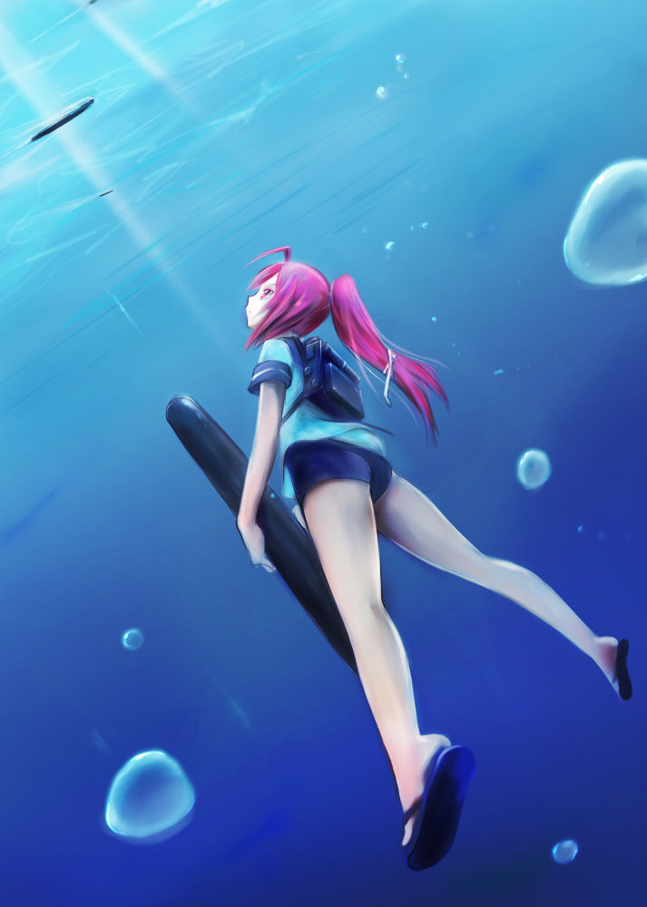 backpack bag i-168_(kantai_collection) jason_(kaiten_kussaku_kikou) kantai_collection long_hair ponytail red_eyes red_hair sandals school_swimsuit school_uniform serafuku solo swimsuit swimsuit_under_clothes torpedo underwater